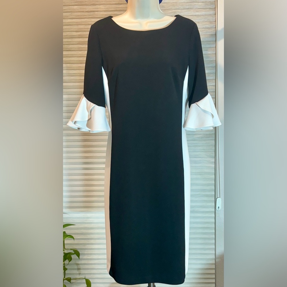 DKNY Black and White Ruffle Sleeve Midi Dress
